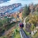 The Fløibanen funicular ascending a section of Mount Fløyen with panoramic views of Bergen, Norway